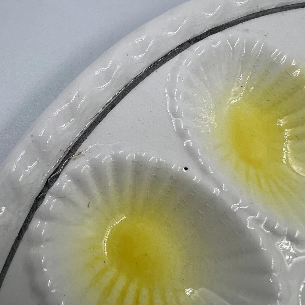 Vintage Ceramic Deviled Egg Platter 12 Wells Yellow Green Leaf Detail 11 Inch